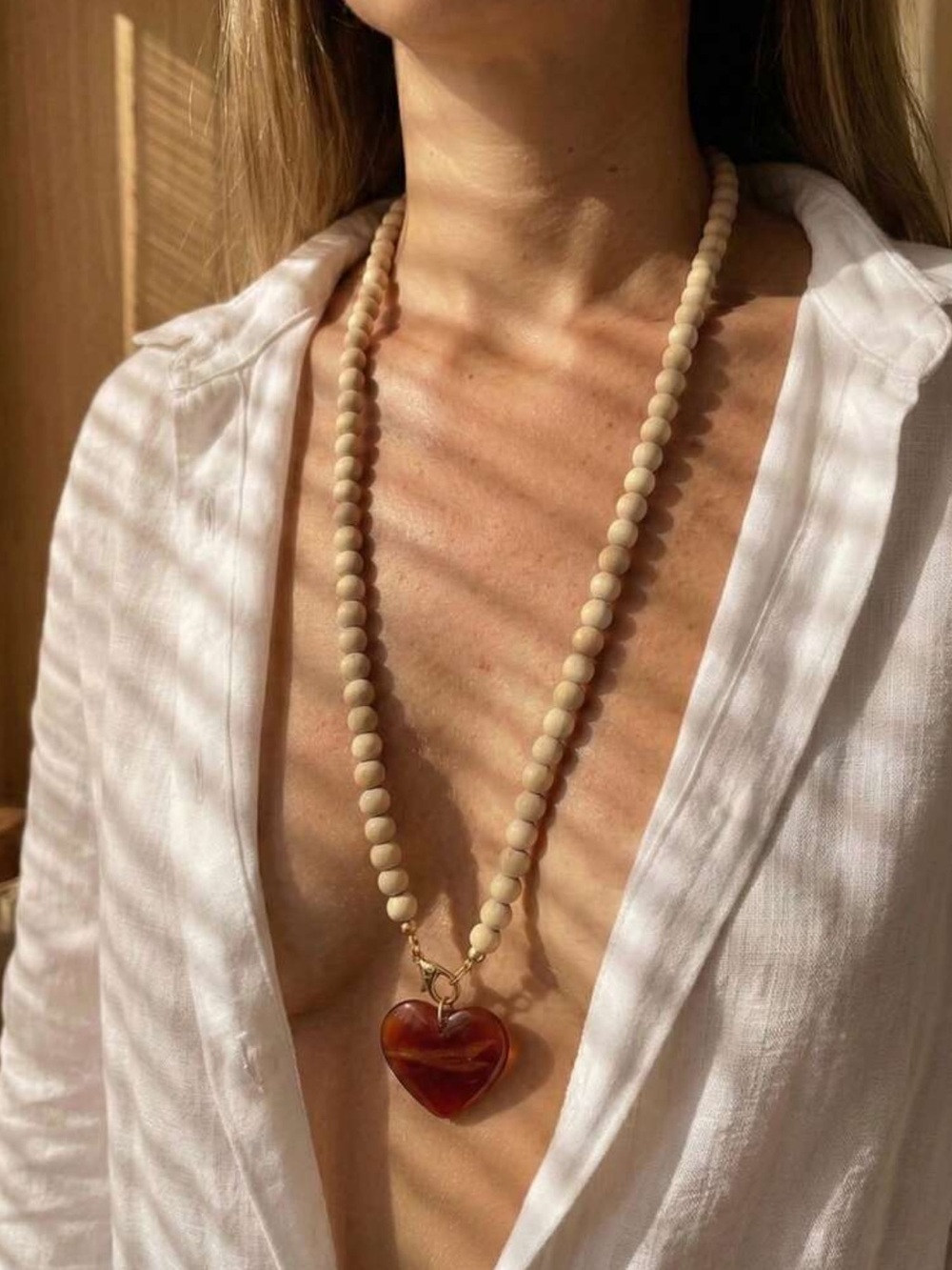 “Boho People” Natural Beaded Necklace with Red Heart Pendant